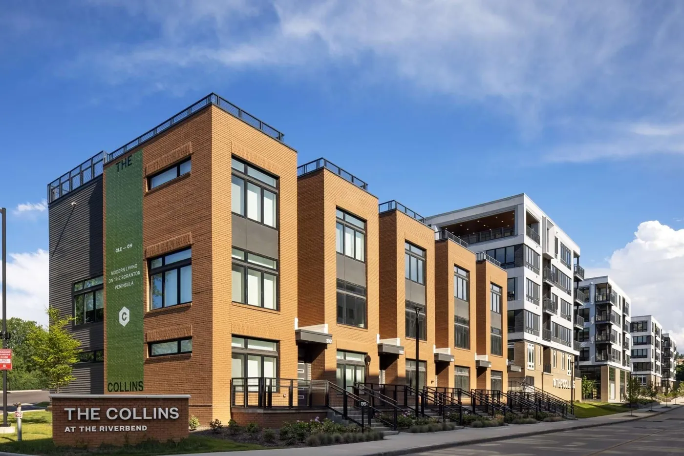 Townhome exteriors at The Collins on the Scranton Peninsula