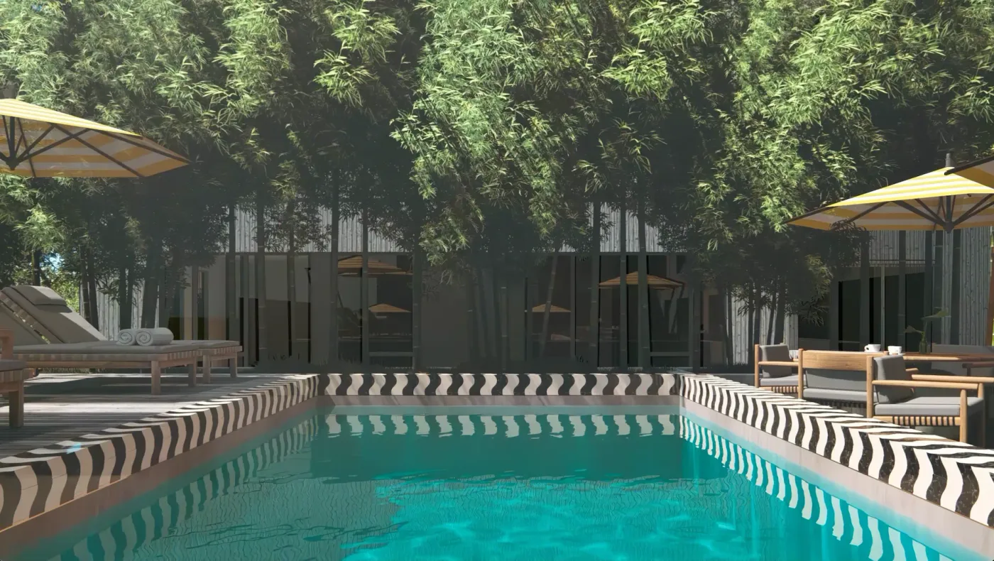 Driftwood pool and landscaped courtyard