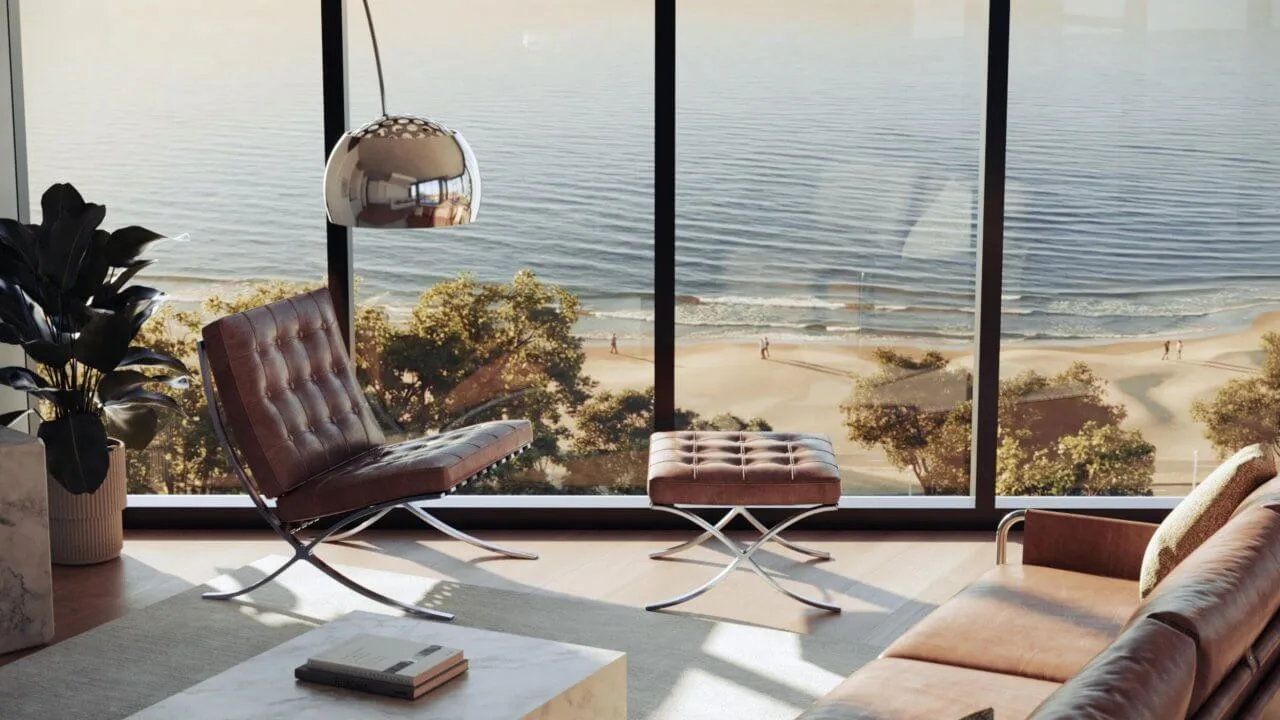 Developer rendering of a Naia Noir lakeside living room