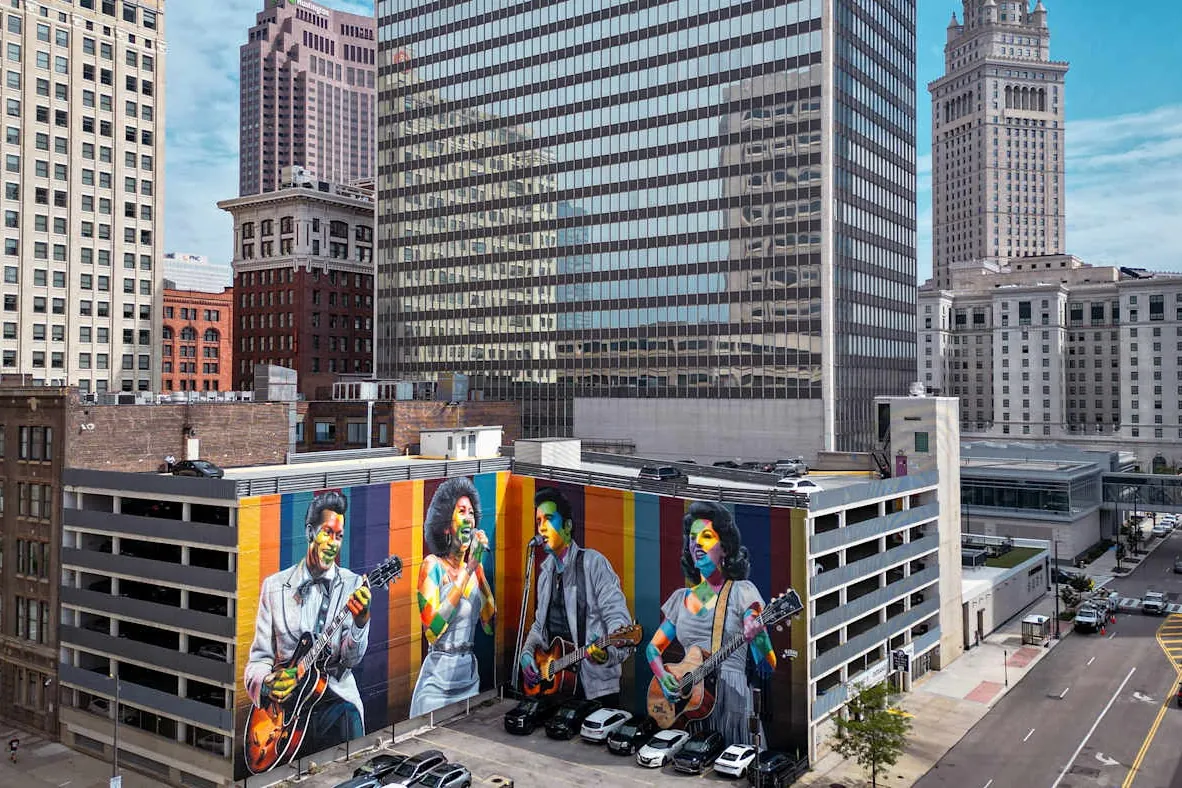 Residences at 55 and its mural near Public Square
