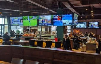 Televisions over the bar at The Hooley in Strongsville