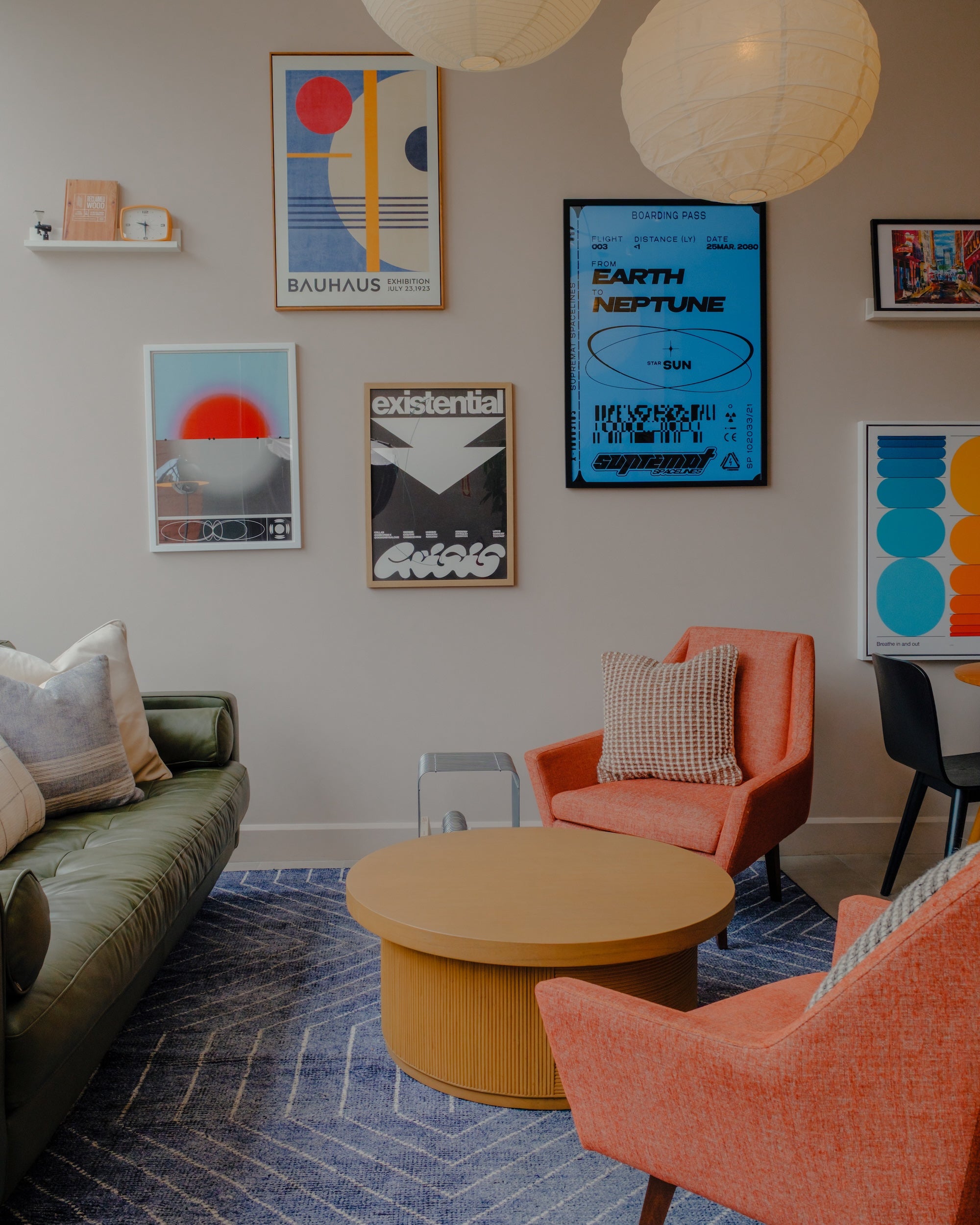 Colorful lounge and paper lanterns inside Atmos Coffee