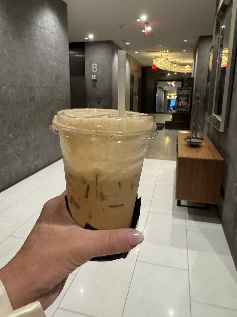 Iced coffee inside the Brass Moon Espresso Bar lobby