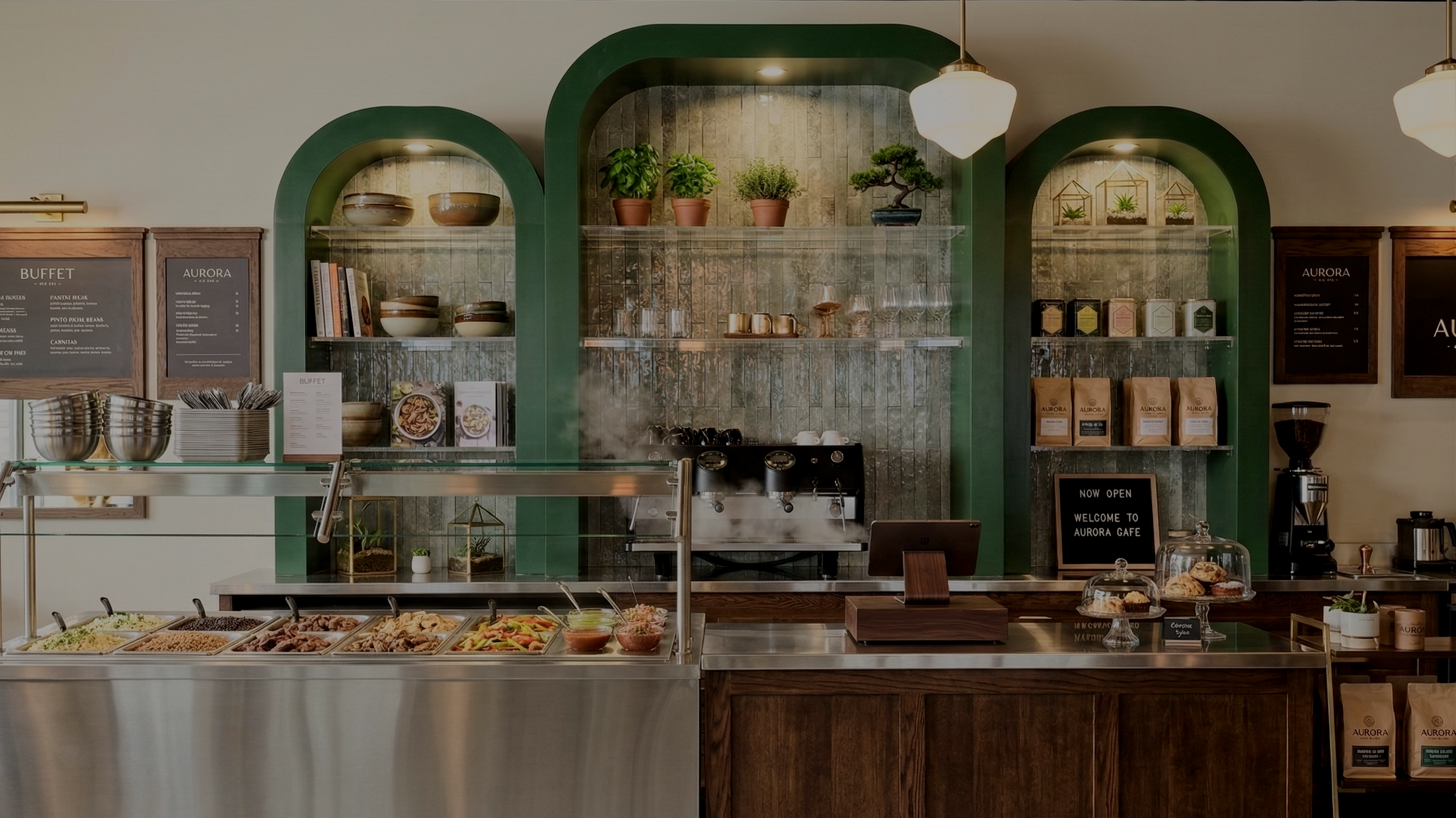 Green arched shelving and pastry counter inside Fika Cafe