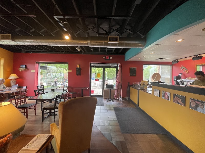 Colorful cafe interior and counter at Troubadour Coffee Roasters