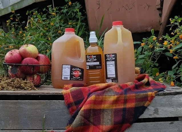 Apple baskets and cider at the market at Grobe Fruit Farm in Elyria, Ohio