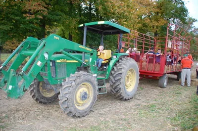 A tractor carrying visitors around the farm at Guyette Farms in Mantua, Ohio