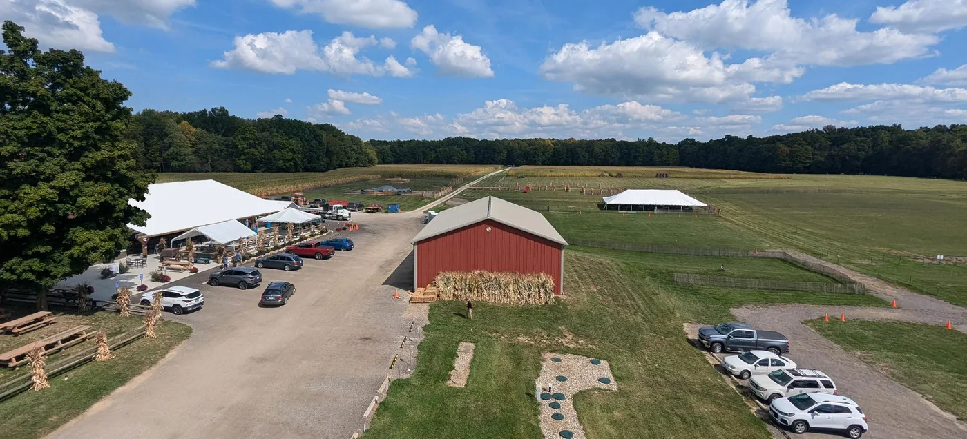 Aerial view of the farm buildings at Red Wagon Farm in Columbia Station, Ohio
