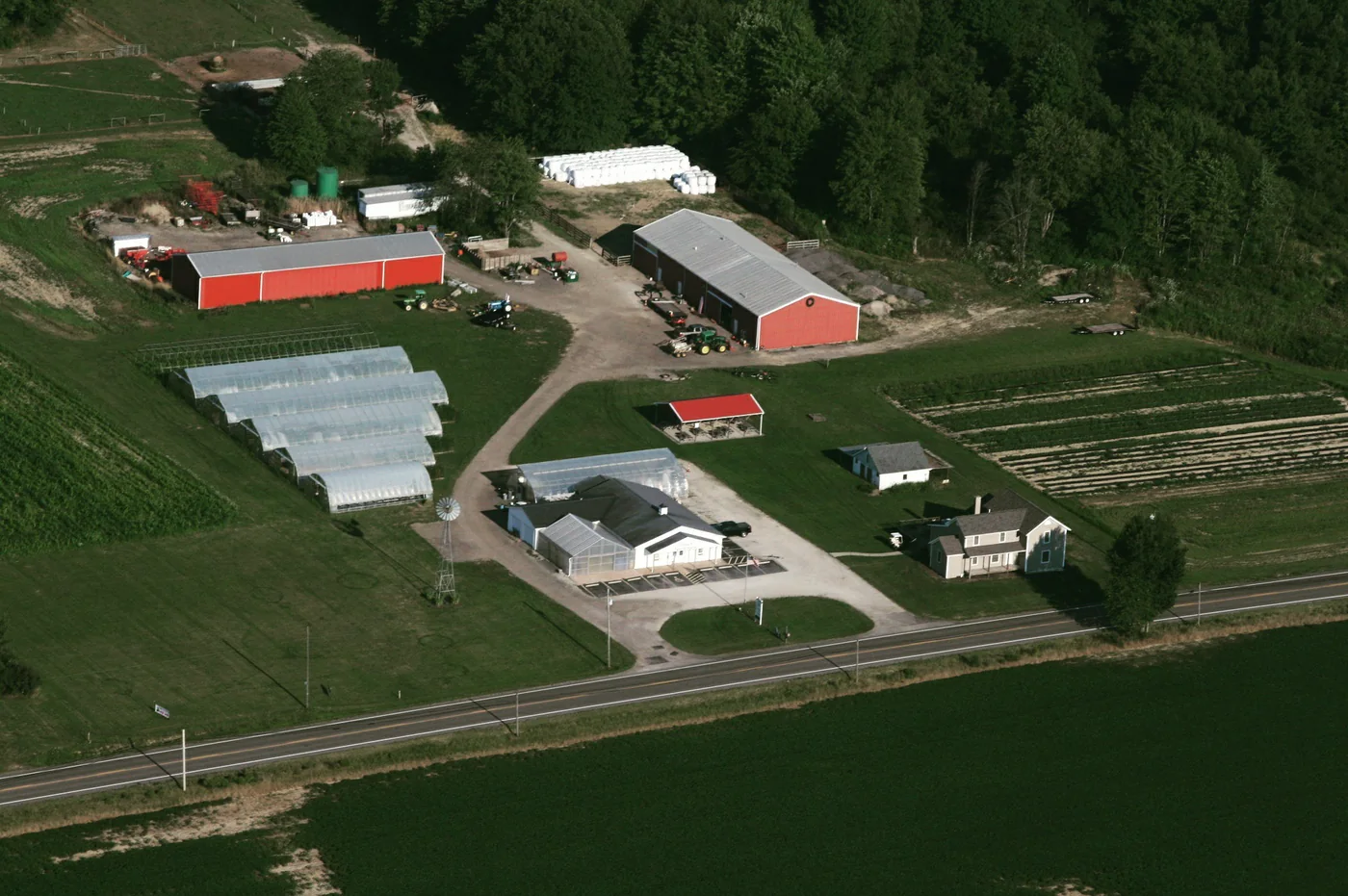 Aerial view of the farm and buildings at Sirna's Farm & Market in Auburn Township, Ohio