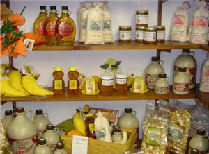 Local products on the market shelves at West Orchards Farm Market in Perry, Ohio
