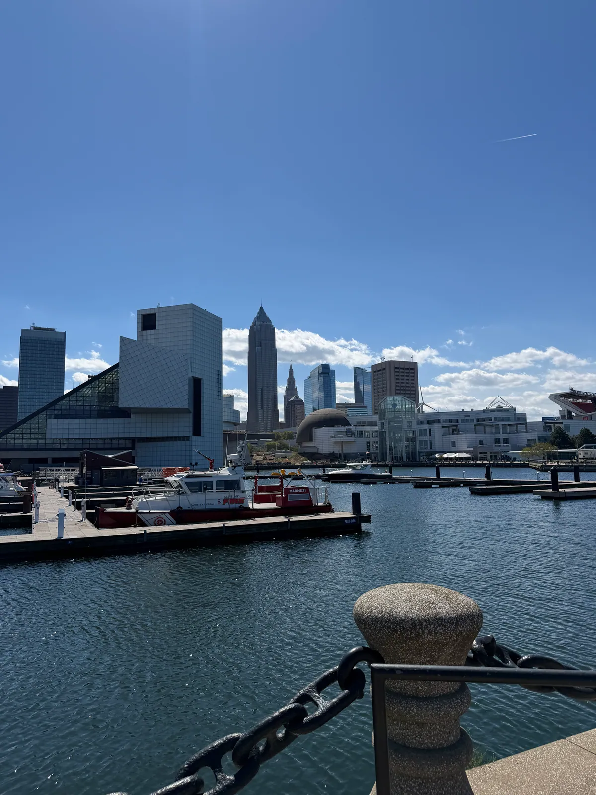 A wider view of North Coast Harbor and downtown Cleveland