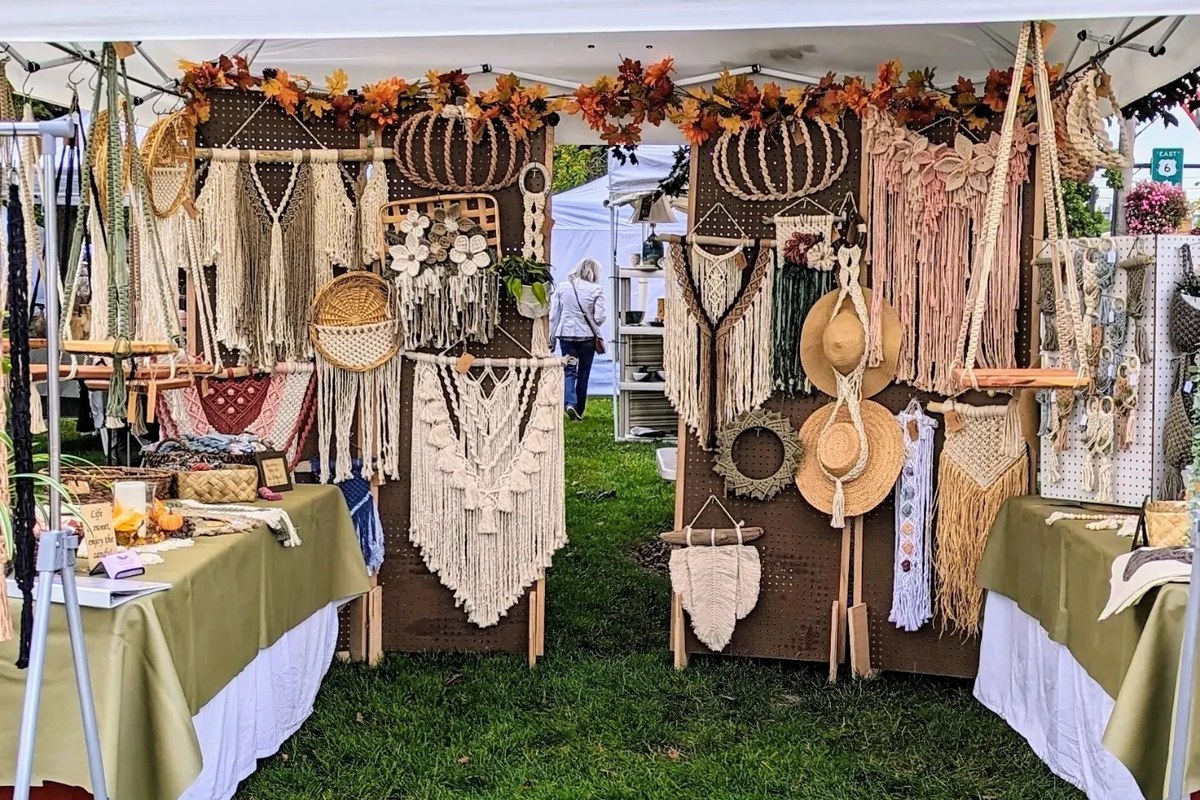 Macrame and fiber art vendor booth at the Harvest Handmade Market on Chardon Square in Chardon