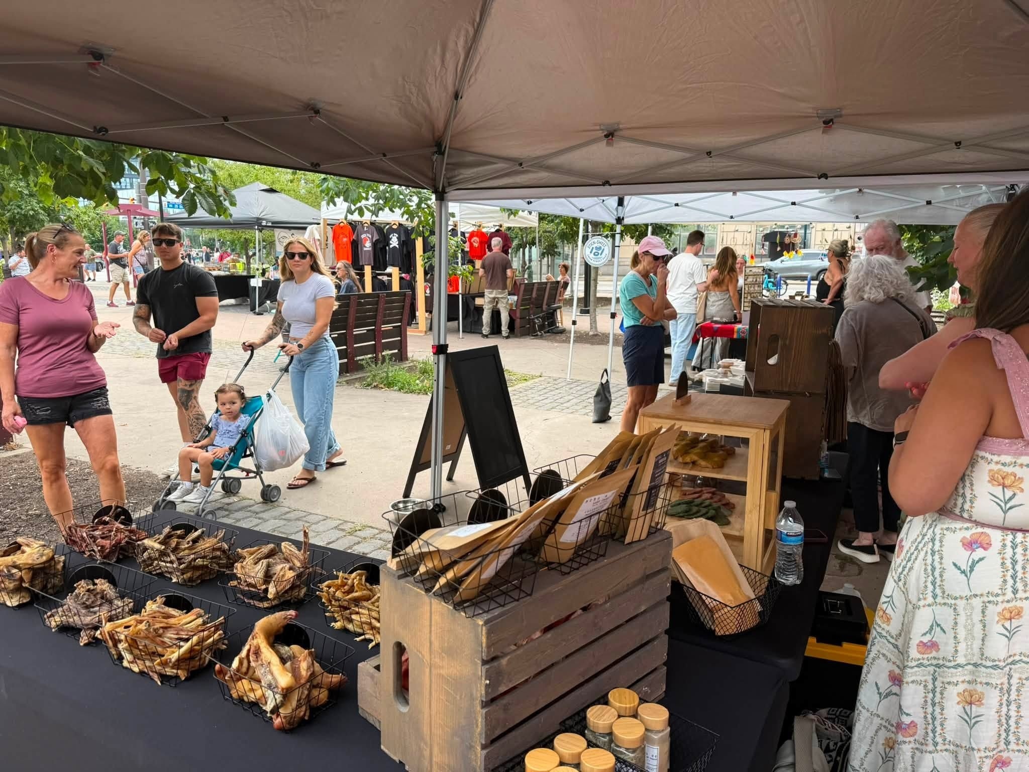 Shoppers browsing vendor tents at Cleveland Bazaar in Market Square Park in Ohio City, Cleveland